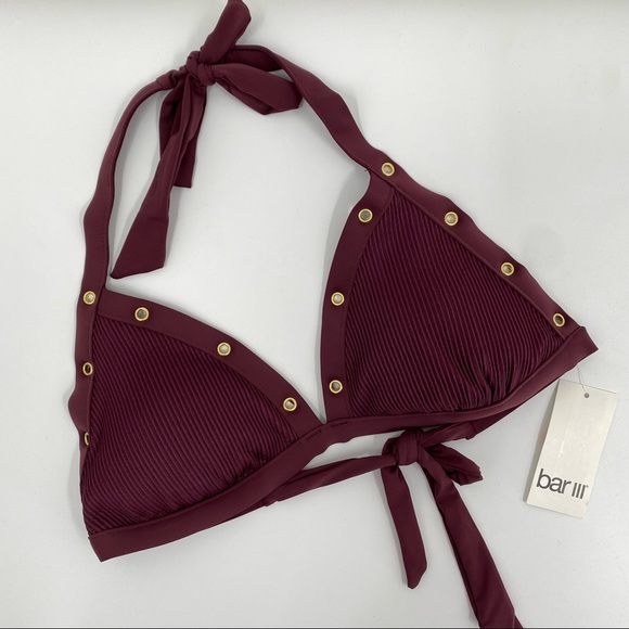 Bar III Ribbed Grommet Halter Triangle Bikini Swim Top Burgundy Size Small NEW - Picture 3 of 11